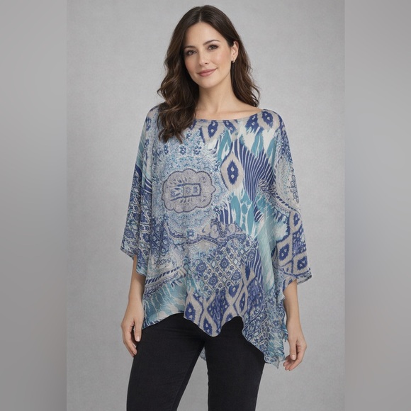 Chico's Jackets & Blazers - Chico's Blue Multi-Print Lightweight Poncho Top